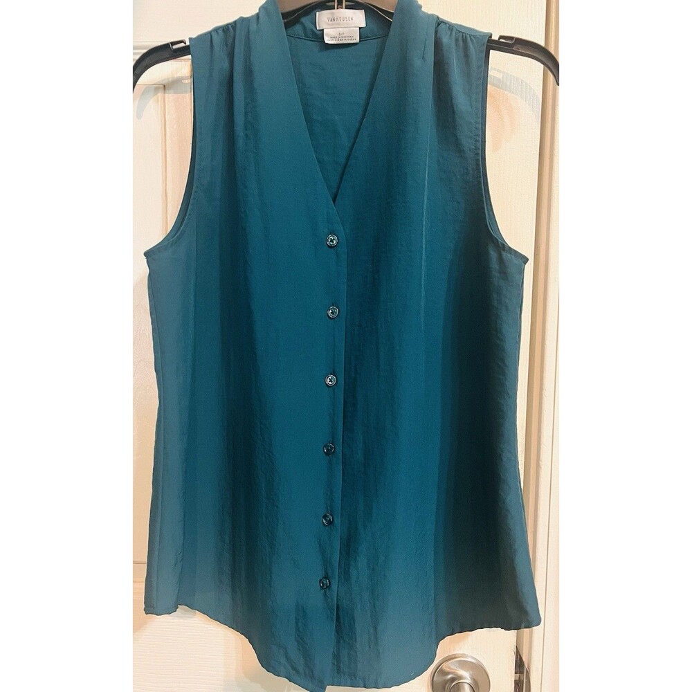 Van Heusen Women’s Small Teal Sleeveless Ruched Shoulder Button Front Blouse EUC